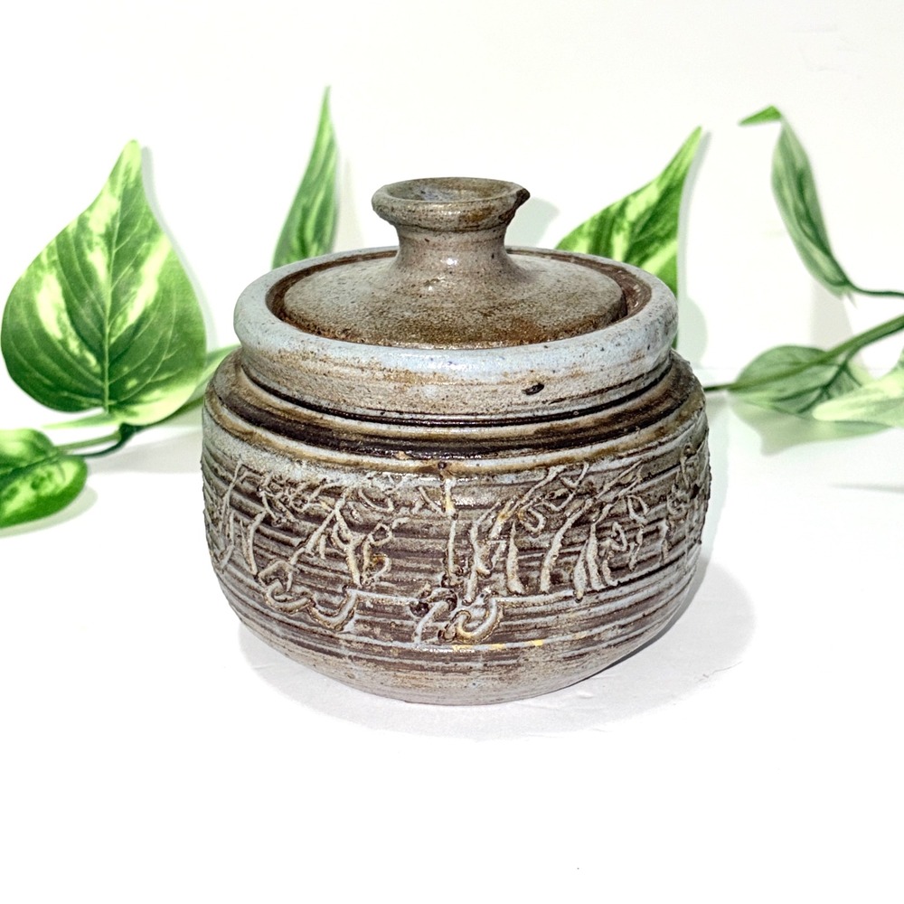 Handmade Studio Pottery Lidded Jar Signed Brown Blue Textured Stoneware 4.5"